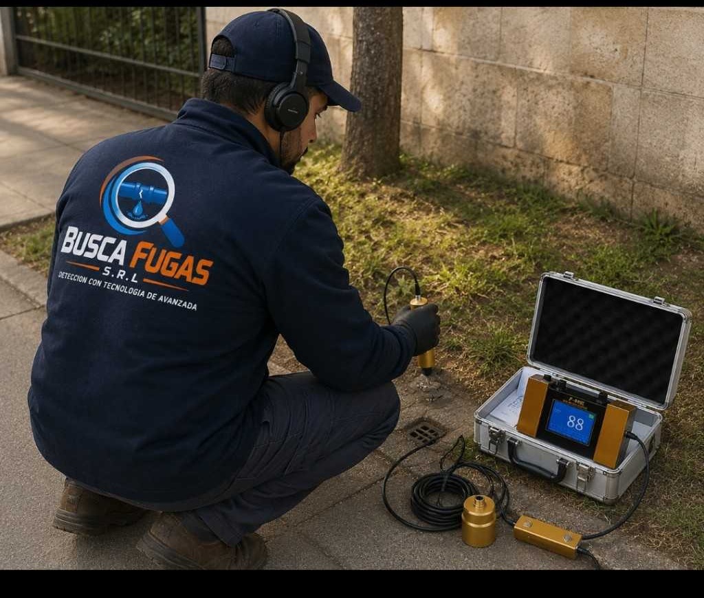 Técnico de Busca Fugas SRL trabajando con equipo de detección